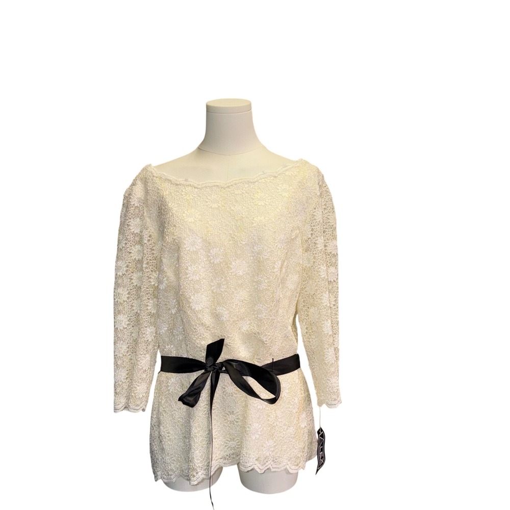 Alex Evenings Ivory Lace Sequin Beaded Tunic Top Black Ribbon Belt Size 8